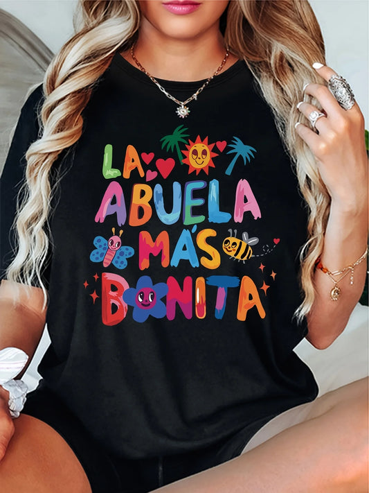 T-shirt décontracté imprimé cocotier et lettres colorées pour femmes, mélange de polyester doux, extensible, col rond, manches courtes