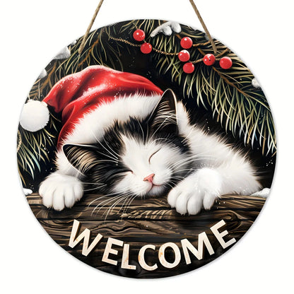 Panneau de bienvenue de noël-20x20 cm, décoration ronde suspendue en bois avec motif de chat endormi, parfait pour les accents de couronne, nouveau Ye