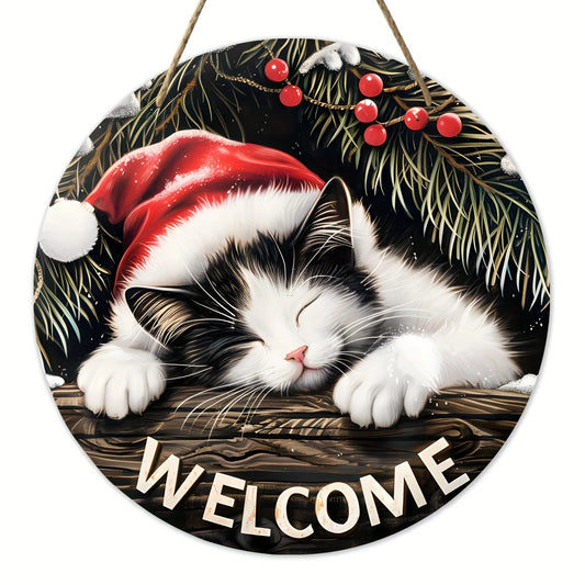 Panneau de bienvenue de noël-20x20 cm, décoration ronde suspendue en bois avec motif de chat endormi, parfait pour les accents de couronne, nouveau Ye