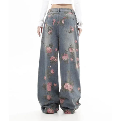 Jean Baggy à fleurs bleues pour femmes Y2K, Harajuku japonais, esthétique, taille haute, jambes larges, pantalon rétro, vêtements 2025
