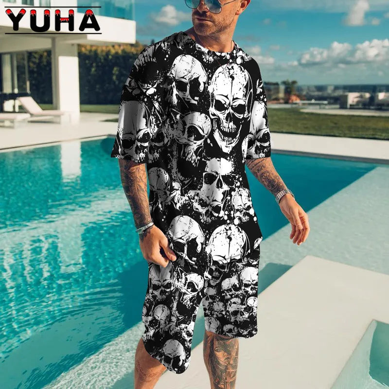 YUHA – ensemble t-shirt manches courtes pour hommes, vêtements d'été pour hommes, impression de squelette Terrible en 3D, Short décontracté, survêtement masculin 2 pièces, nouvelle collection