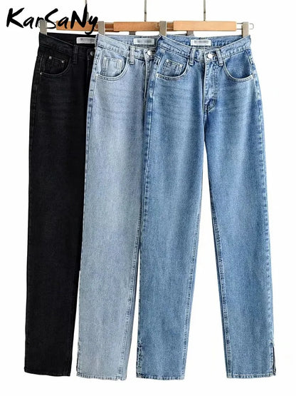 Jean droit Slim fendu pour femme, pantalon en Denim, taille haute, Vintage, Long, fente à la cheville, noir, 2023