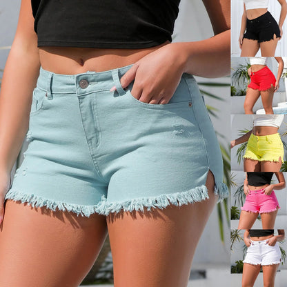 Short en jean couleur bonbon pour femmes, couleur unie, fendu sur le côté, taille haute, poches à pampilles, ligne a, jambes larges, pantalons chauds, butin, nouvelle collection