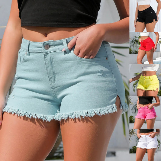 Short en jean couleur bonbon pour femmes, couleur unie, fendu sur le côté, taille haute, poches à pampilles, ligne a, jambes larges, pantalons chauds, butin, nouvelle collection