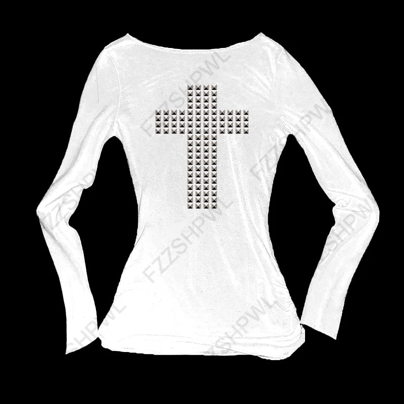 Y2K gothique esthétique femmes col incliné à manches longues T-Shirt Sexy mince Chic haut court Harajuku Rock Punk Hip Hop Hottie Streetwear