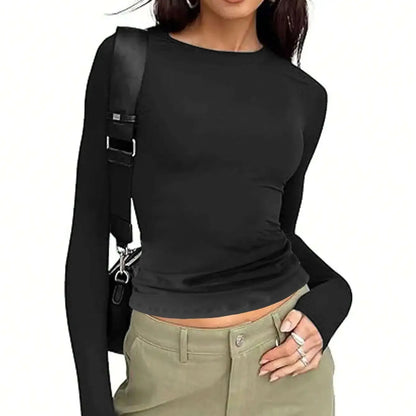 T-shirt à Manches sulfpour Femme, Vêtement Décontracté, Couleur Unie, Coupe Slim, Collection Automne