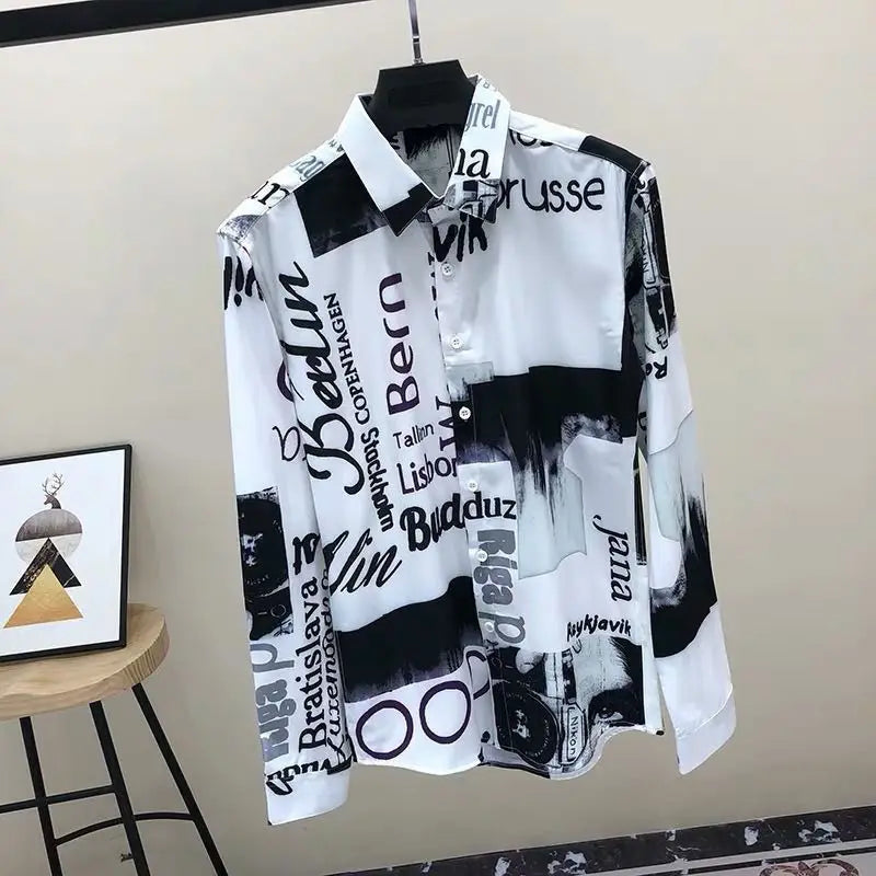 Chemise à manches longues à col rabattu pour hommes, cardigan boutonné High Street, impression de lettres, mode décontractée, printemps, automne, nouveau