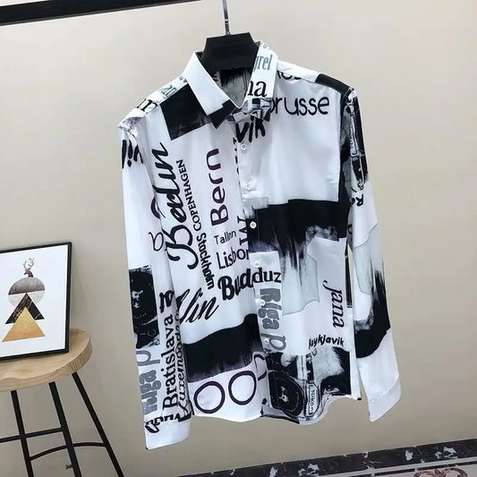 Chemise à manches longues à col rabattu pour hommes, cardigan boutonné High Street, impression de lettres, mode décontractée, printemps, automne, nouveau