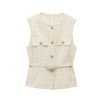 TRAFNLZGMSJ 2025 printemps femmes gilet haut à la mode avec ceinture coupe ajustée sans manches veste haut pour femmes Texture gilet haut nouveau