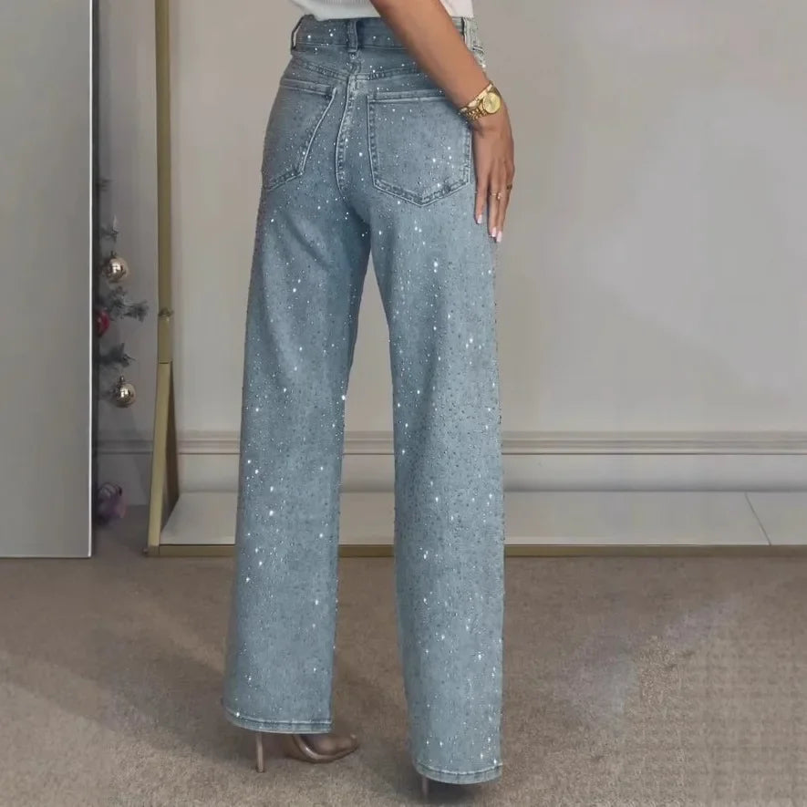 Jean droit pour femmes diamants pantalon Stretch taille haute lavé poches en détresse Vintage Denims Streetwear femme pantalon