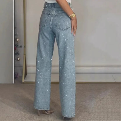 Jean droit pour femmes diamants pantalon Stretch taille haute lavé poches en détresse Vintage Denims Streetwear femme pantalon