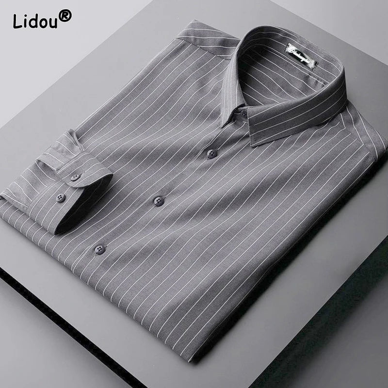 Chemise polyvalente à manches longues pour hommes, robe d'affaires décontractée, sans fer, col polo, rayure, mode coréenne, printemps et automne, nouveau, 2023