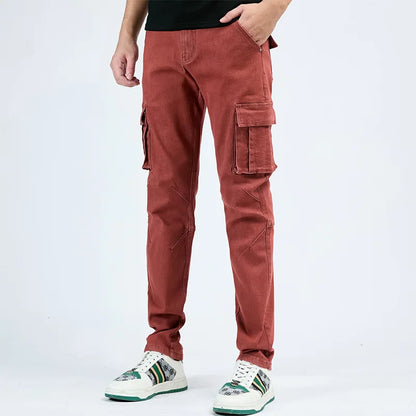 Pantalon cargo en denim pour hommes, taille élastique, couleur unie, délavé, coupe cintrée, décontracté, avec plusieurs poches, pour un usage quotidien