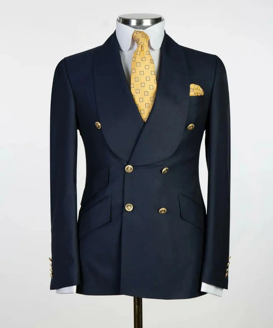 Veste de costume formelle pour hommes, coupe cintrée, bleu marine, manches longues, châle, revers, Double boutonnage, Blazer d'affaires, un manteau, veste de travail et de bureau