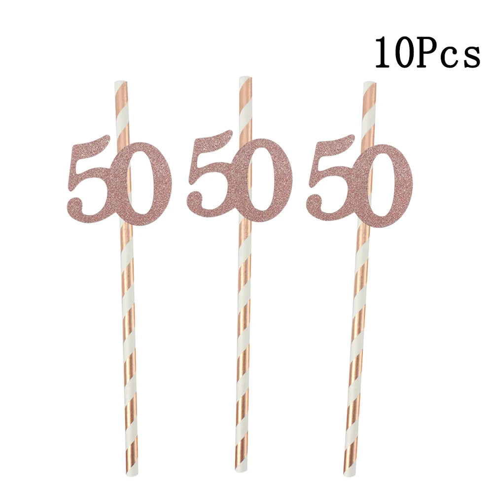 Pailles en papier à rayures dorées, 1 sac, numéro 30e 40e 50e 60e, lunettes à ceinture, pailles à boissons joyeux anniversaire pour adultes, décoration de fête en ballon