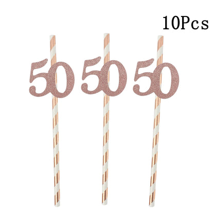 Pailles en papier à rayures dorées, 1 sac, numéro 30e 40e 50e 60e, lunettes à ceinture, pailles à boissons joyeux anniversaire pour adultes, décoration de fête en ballon