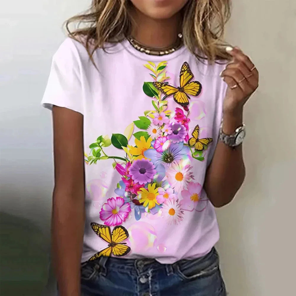 T-shirt manches courtes col rond femme, estival et surdimensionné, avec motif Floral et fleur papillon imprimé en 3D, Y2k, Harajuku, vêtements féminins, nouvelle collection
