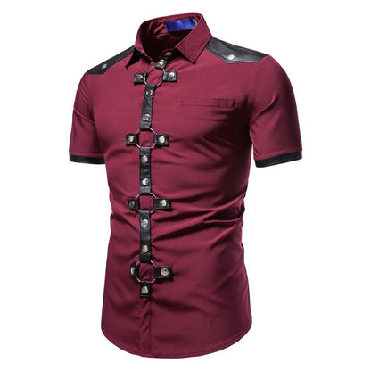 Chemise à Manches Courtes pour Homme, Streetwear, Style Gothique, Slim, Punk, Rivet, Haute Qualité, Printemps Été, Noir, Rouge, #4719