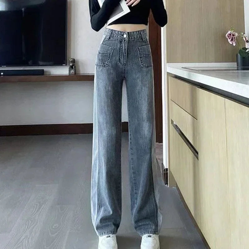 Jean Gris avec Poches pour Femme, Pantalon Taille Haute, Jambes Droites, FjStreetwear des Années 90, Chic et Élégant, Bon Marché