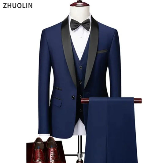 Ensemble 3 pièces pour hommes pour mariage, blazers élégants, col nœud, veste de luxe, pantalon, manteau formel, robe moulante, haute qualité