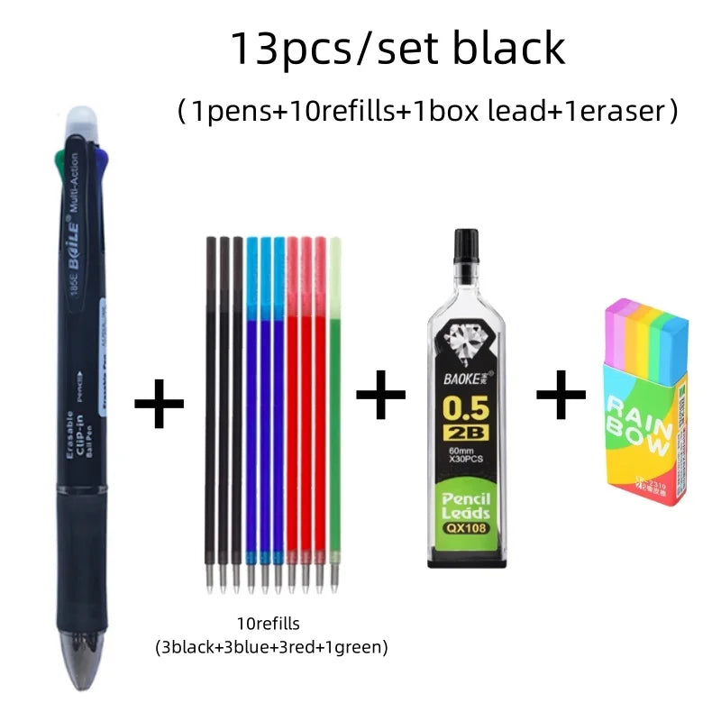 Stylo à bille multicolore effaçable 5 en 1, recharge 4 couleurs de 0.7mm et crayon automatique de 0.5mm,