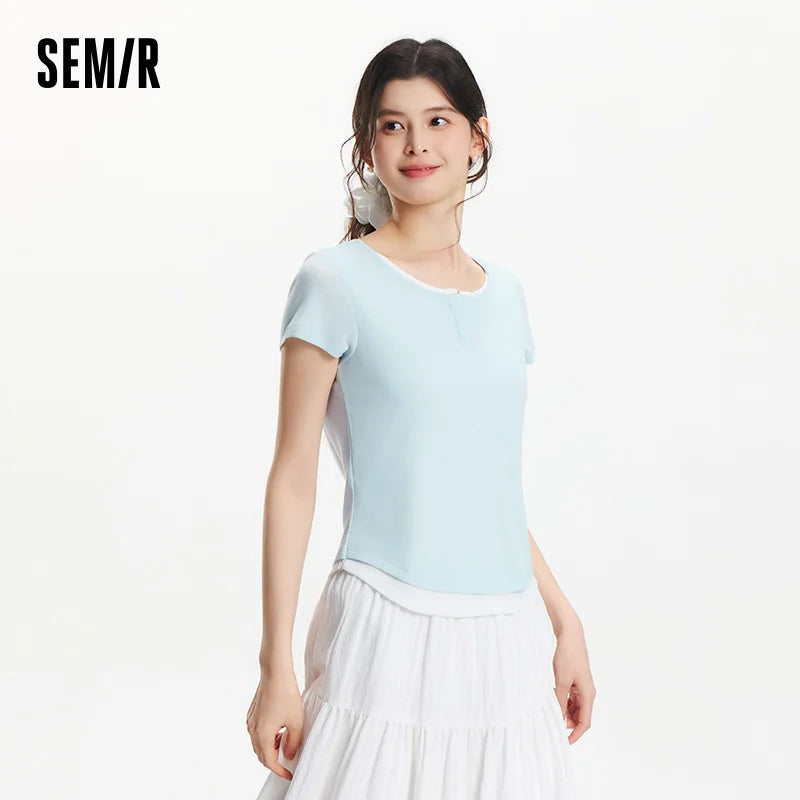SEMIR-T-Shirt à Manches Courtes pour Femme, Pull Court, Élégant, Décontracté, Faux Deux Pièces, Slim Fit, Top Minimaliste, Nouvelle Collection Été 2025