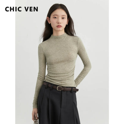 CHIC VEN femmes T-Shirts mince nouveau quatre couleurs en option tricoté basique femme pull femme T-Shirts printemps automne 2025
