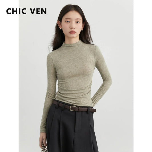 CHIC VEN femmes T-Shirts mince nouveau quatre couleurs en option tricoté basique femme pull femme T-Shirts printemps automne 2025