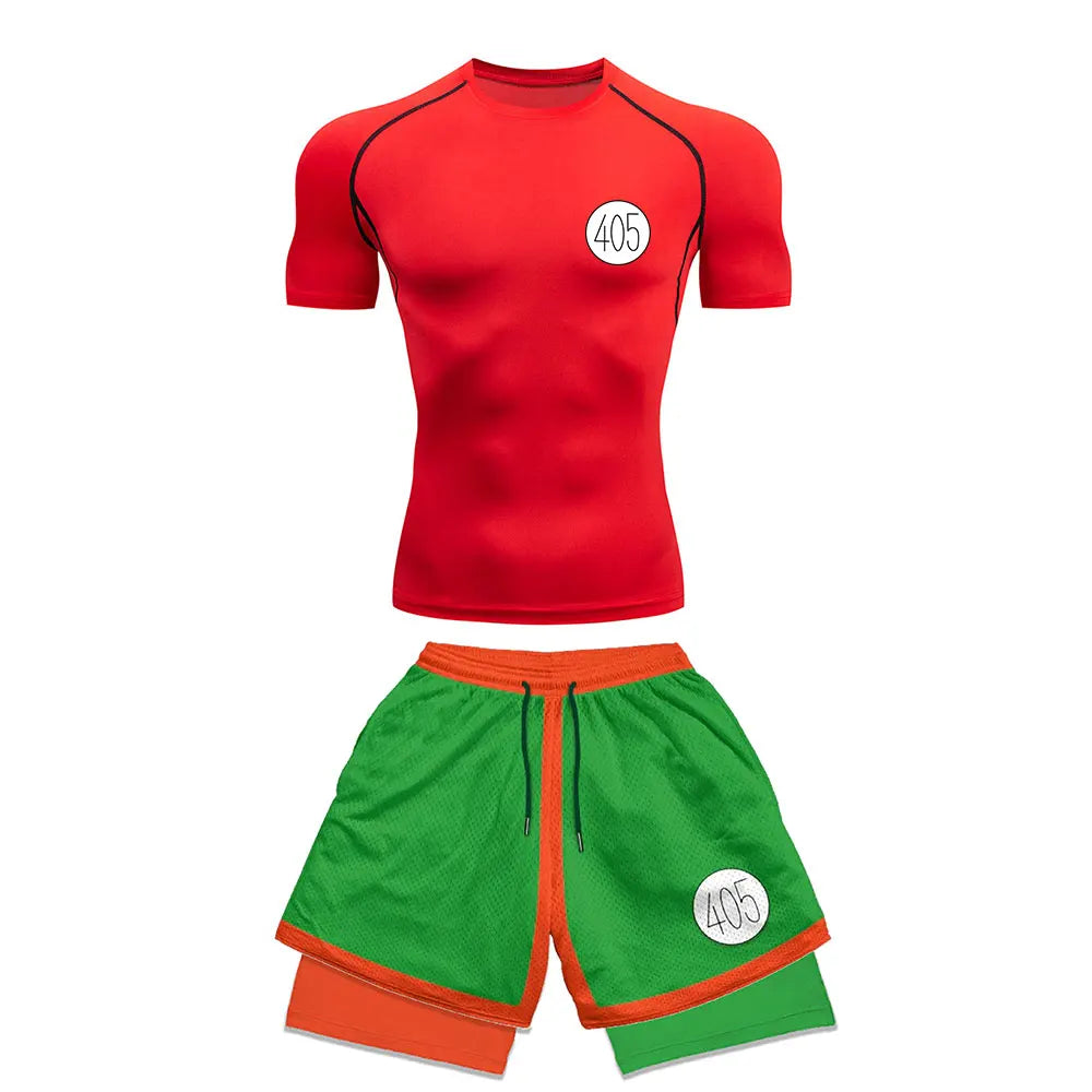 Chemise de Compression + short de gymnastique 2 pièces entraînement été Anime imprimé ensemble de Compression de gymnastique course Sport Fitness costume pour hommes vêtements de Sport