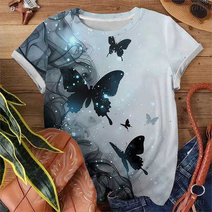 Mystérieuse Starlight rêveur papillon brillant T-shirt femme décontracté ample confortable gris manches courtes
