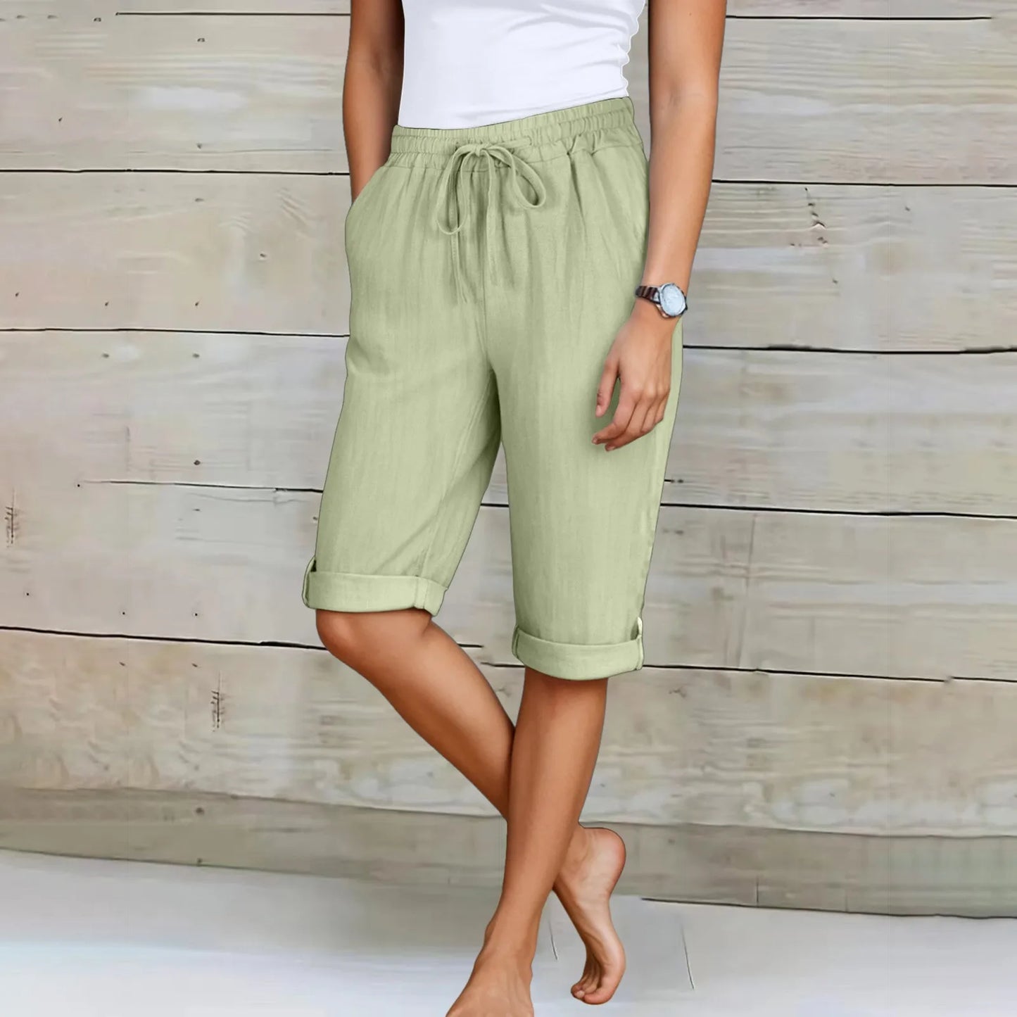 Femmes été Shorts décontracté genou longueur jambe droite taille élastique cordon à lacets pantalons courts femme genou longueur bas