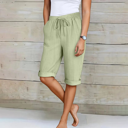 Femmes été Shorts décontracté genou longueur jambe droite taille élastique cordon à lacets pantalons courts femme genou longueur bas