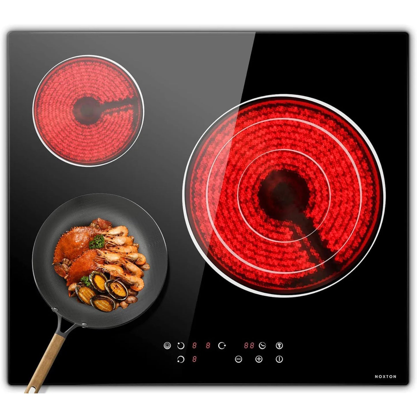 NOXTON Plaque de cuisson en céramique intégrée 3 feux, Table de cuisson électrique en verre cristal noir avec commande tactile, Minuterie, verrouillage pour enfants, 5700w, pas de prise incluse