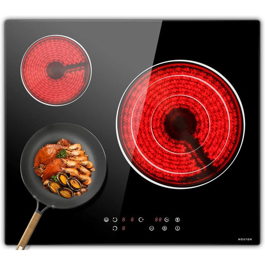 NOXTON Plaque de cuisson en céramique intégrée 3 feux, Table de cuisson électrique en verre cristal noir avec commande tactile, Minuterie, verrouillage pour enfants, 5700w, pas de prise incluse