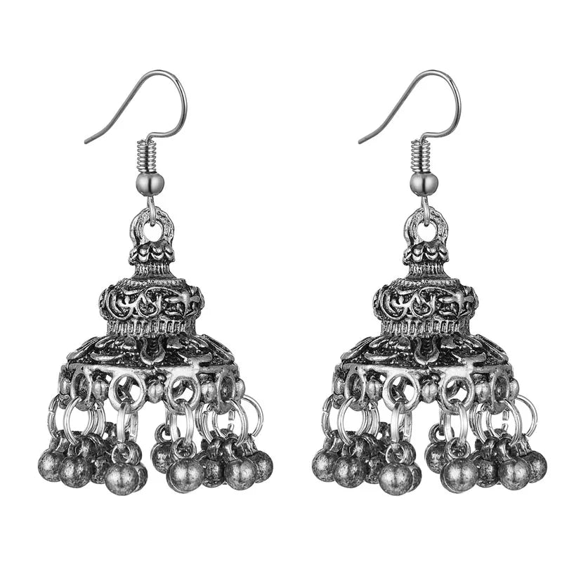 Jhumka – boucles d'oreilles tibétaines pour femmes, bijoux en alliage, couleur or argent, cloche oxydée, tribal gitane, pampilles, bijoux indiens