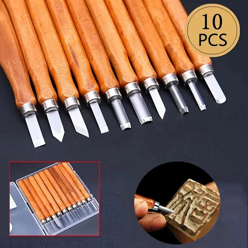 Ensemble d'outils de sculpture sur bois, couteau d'art multifonctionnel fait à la main avec manche en bois pour l'artisanat, 10/12 pièces