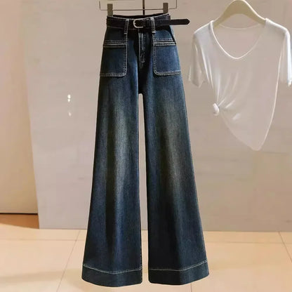 Jean taille haute à jambes larges pour femmes, Vintage, extensible, polyvalent, coupe ample, jambe droite, amincissant, pantalon inférieur Microbell