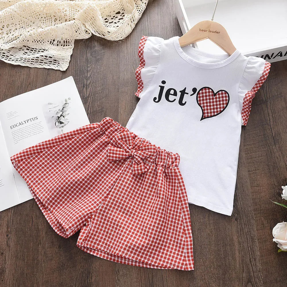 BEAR LEADER-Ensemble de vêtements pour filles, tenue d'été en mousseline de soie, motif floral, col licou + short brodé, en paille, pour enfants, 2023