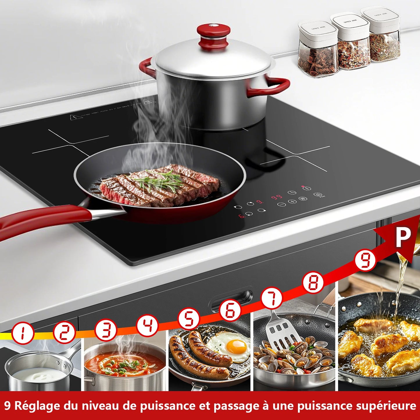KICHPOWER-Table de cuisson à induction, 4 plaques, fonctionnement tactile, minuterie 1-99 min, 60 cm