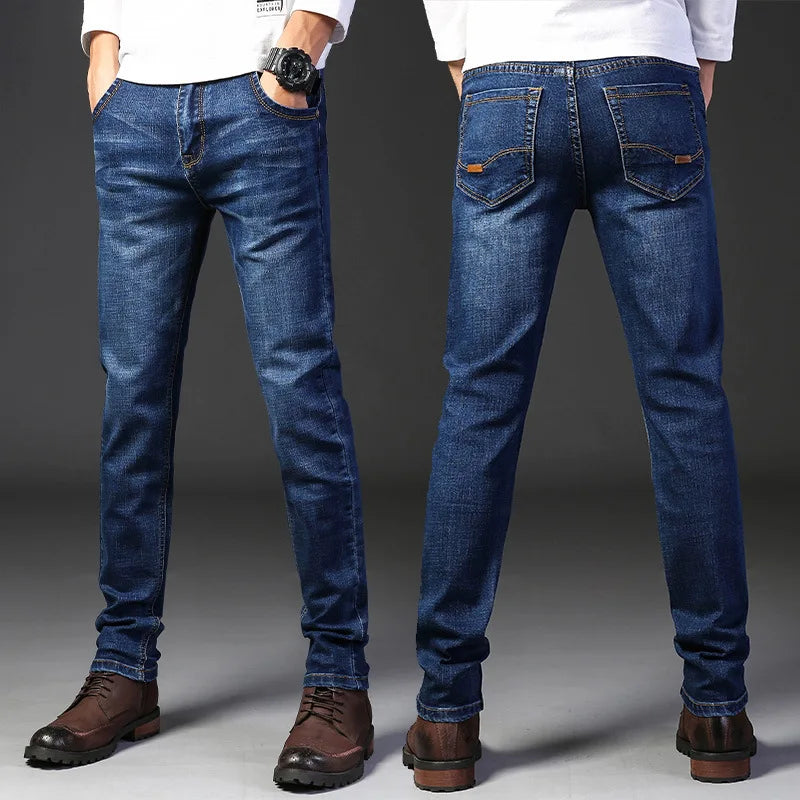 Été élastique hommes jean mode gris confortable affaires droite Stretch coton décontracté Denim pantalon marque mâle mince pantalon