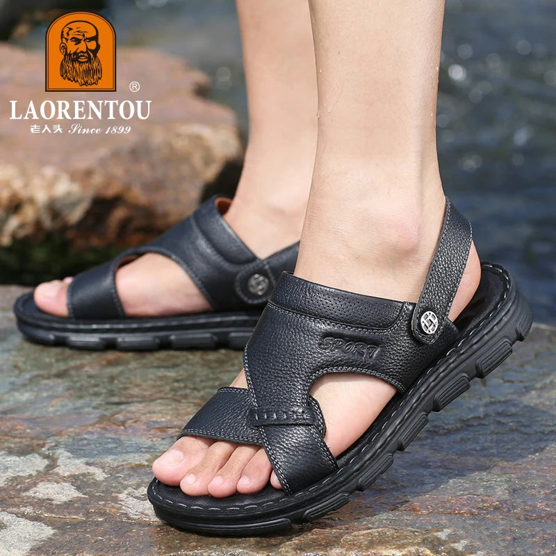 LAORENTOU-Chaussures de plage respirantes en cuir cirhide, sandales à semelle épaisse anti-ald pour usage extérieur