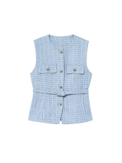 TRAFNLZGMSJ 2025 printemps femmes gilet haut à la mode avec ceinture coupe ajustée sans manches veste haut pour femmes Texture gilet haut nouveau