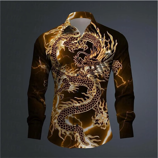 Chemise à manches longues imprimée en 3D abstraite pour hommes, haut à revers confortable, culture du dragon, tendance de la mode, tenue quotidienne