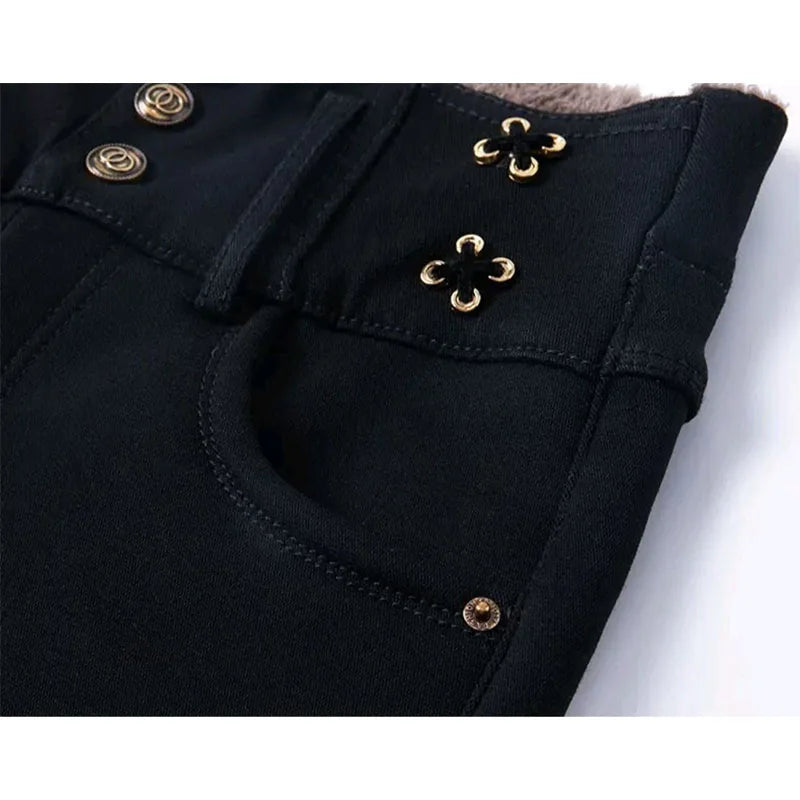 Jean taille haute élastique coréen avec peluche arctique, pantalon crayon droit noir mince, bouton solide, fermeture éclair, mode automne et hiver, nouveau