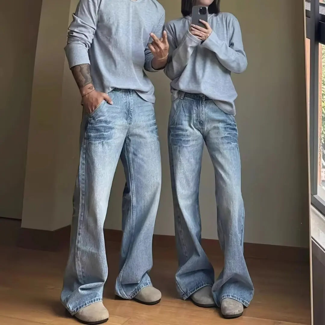American Vibe style rétro lavé été nouveaux jeans pour hommes et femmes Instagram marque de mode haute rue lâche jambe droite pantalon