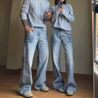 American Vibe style rétro lavé été nouveaux jeans pour hommes et femmes Instagram marque de mode haute rue lâche jambe droite pantalon