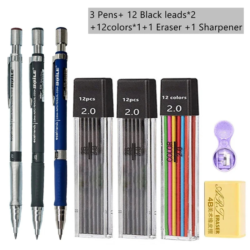 hopk - Ensemble de crayons mécaniques 2.0mm avec recharge de plomb 2B noir/couleurs