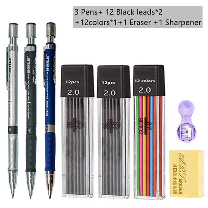 hopk - Ensemble de crayons mécaniques 2.0mm avec recharge de plomb 2B noir/couleurs