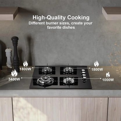Topbathing-Plaque de cuisson à gaz 8000W, 4 brûleurs NG/GPL convertible, verre noir intégré avec Eva Wok, protection contre les pannes de flamme