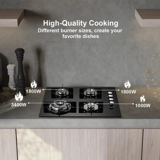 Topbathing-Plaque de cuisson à gaz 8000W, 4 brûleurs NG/GPL convertible, verre noir intégré avec Eva Wok, protection contre les pannes de flamme
